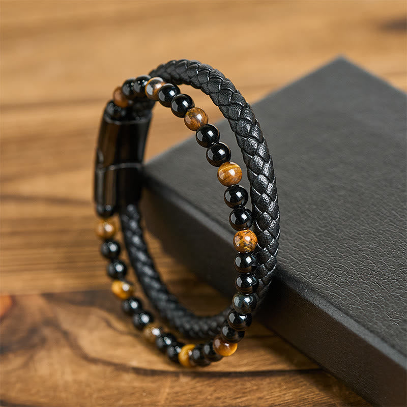 Black Onyx Tiger Eye Titanium Steel Leather Protection Bracelet