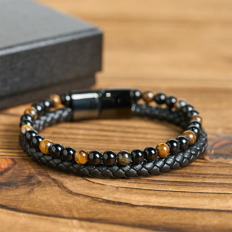 Black Onyx Tiger Eye Titanium Steel Leather Protection Bracelet