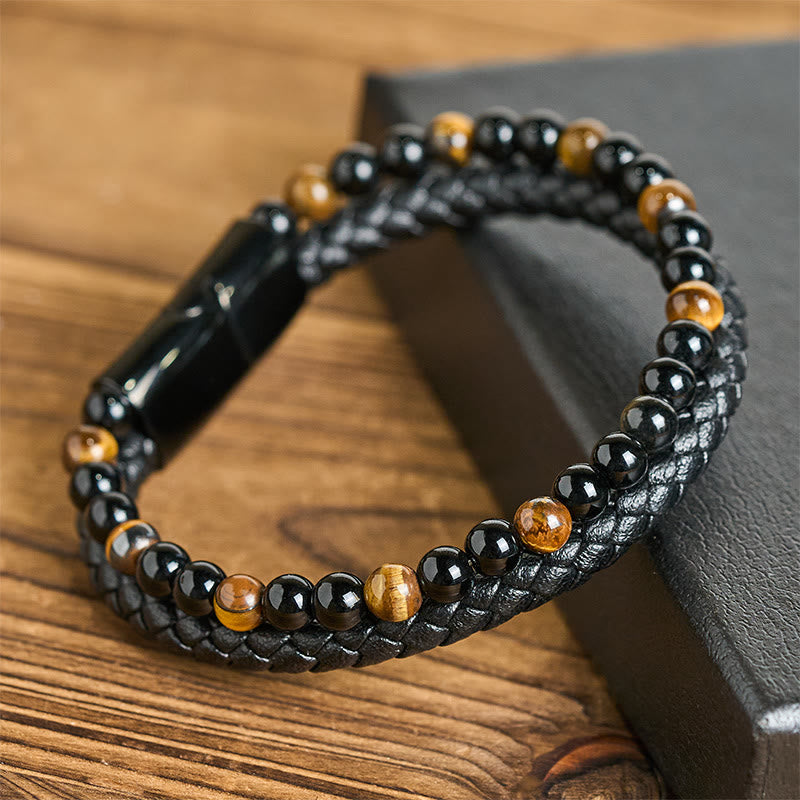 Black Onyx Tiger Eye Titanium Steel Leather Protection Bracelet