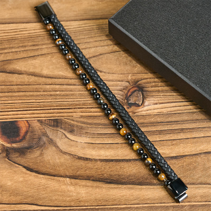 Black Onyx Tiger Eye Titanium Steel Leather Protection Bracelet