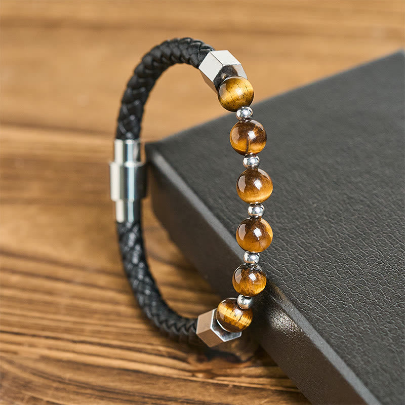 Tiger Eye Titanium Steel Courage Balance Leather Bracelet