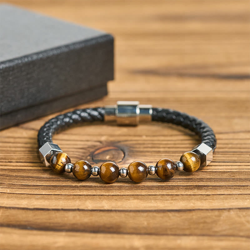 Tiger Eye Titanium Steel Courage Balance Leather Bracelet