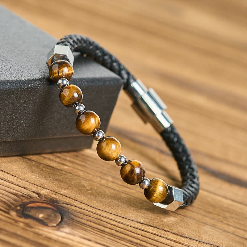 Tiger Eye Titanium Steel Courage Balance Leather Bracelet
