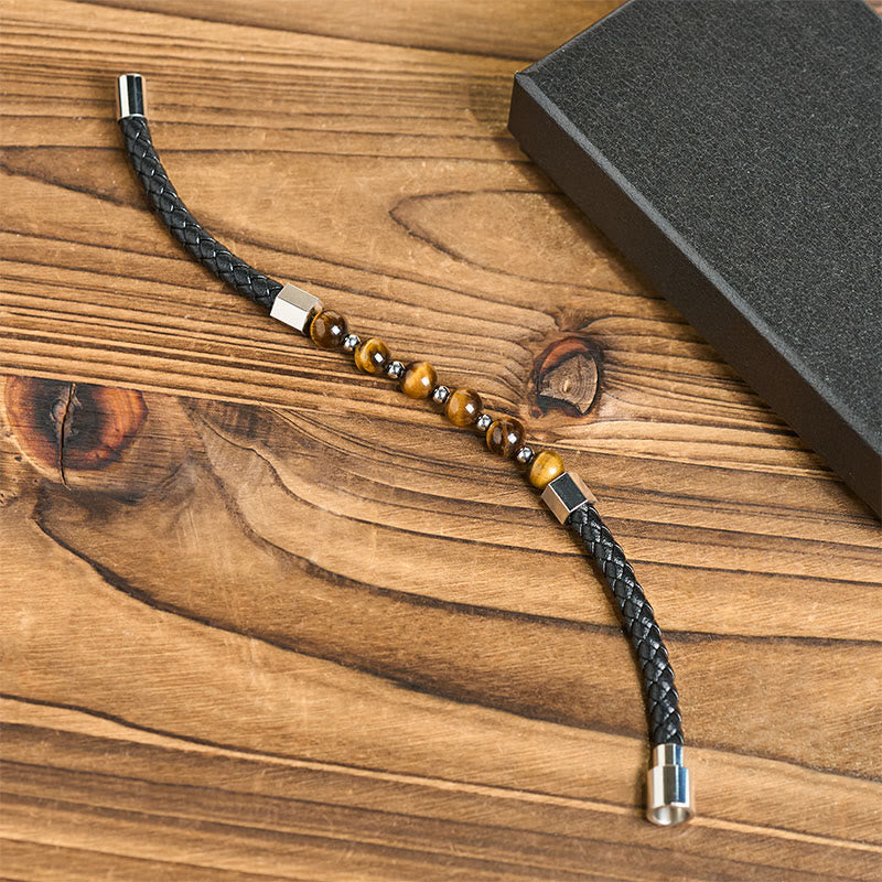 Tiger Eye Titanium Steel Courage Balance Leather Bracelet