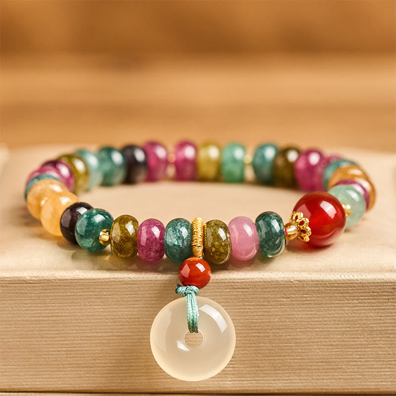 Handmade Chalcedony and Tourmaline Gold Copper Ping An Kou Love Beaded Bracelet