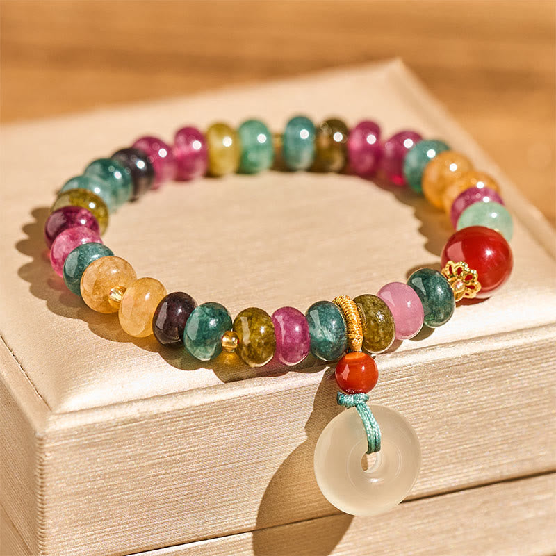 Handmade Chalcedony and Tourmaline Gold Copper Ping An Kou Love Beaded Bracelet