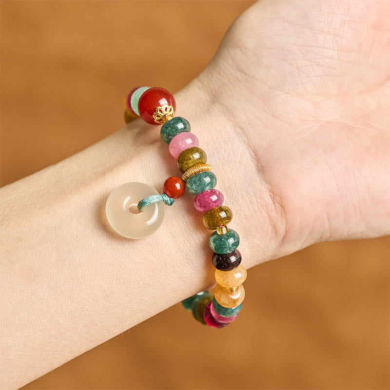 Handmade Chalcedony and Tourmaline Gold Copper Ping An Kou Love Beaded Bracelet