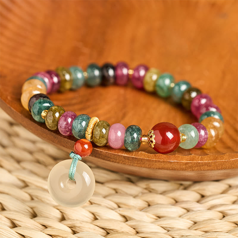 Handmade Chalcedony and Tourmaline Gold Copper Ping An Kou Love Beaded Bracelet