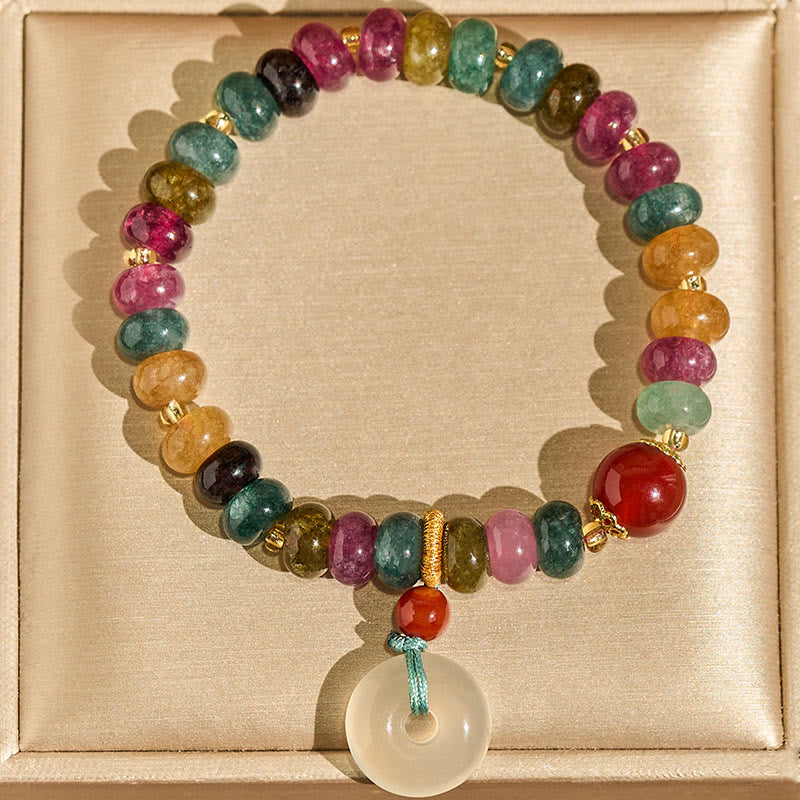 Handmade Chalcedony and Tourmaline Gold Copper Ping An Kou Love Beaded Bracelet