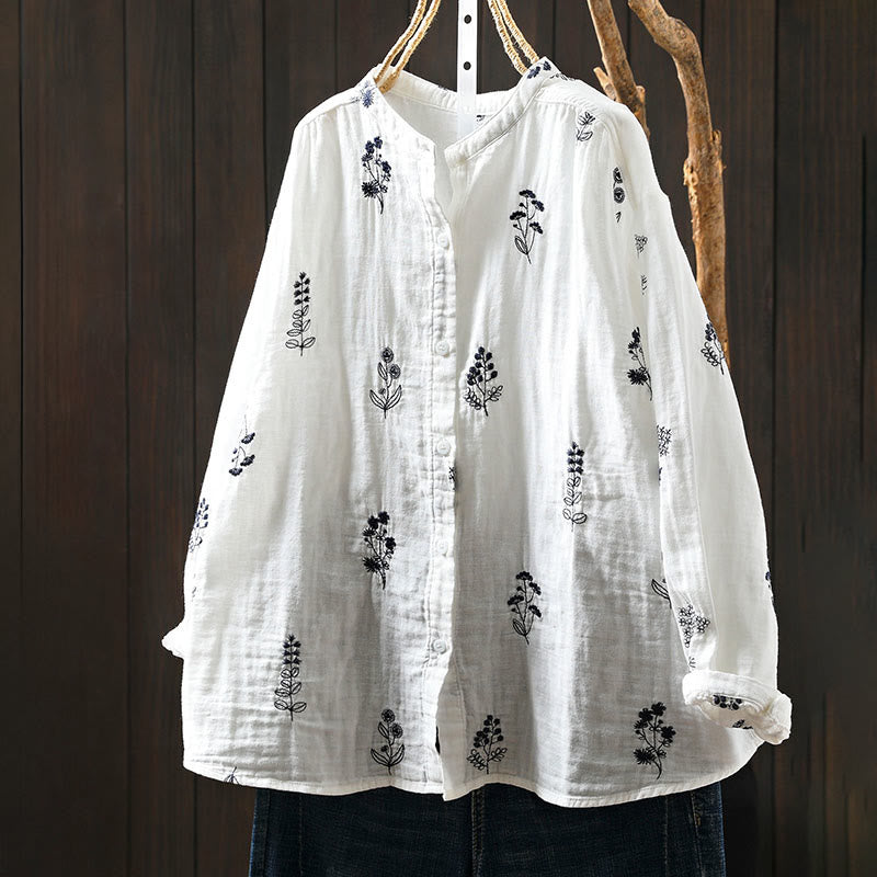Tactile Cotton Embroidered Long-Sleeve Meditation Shirt