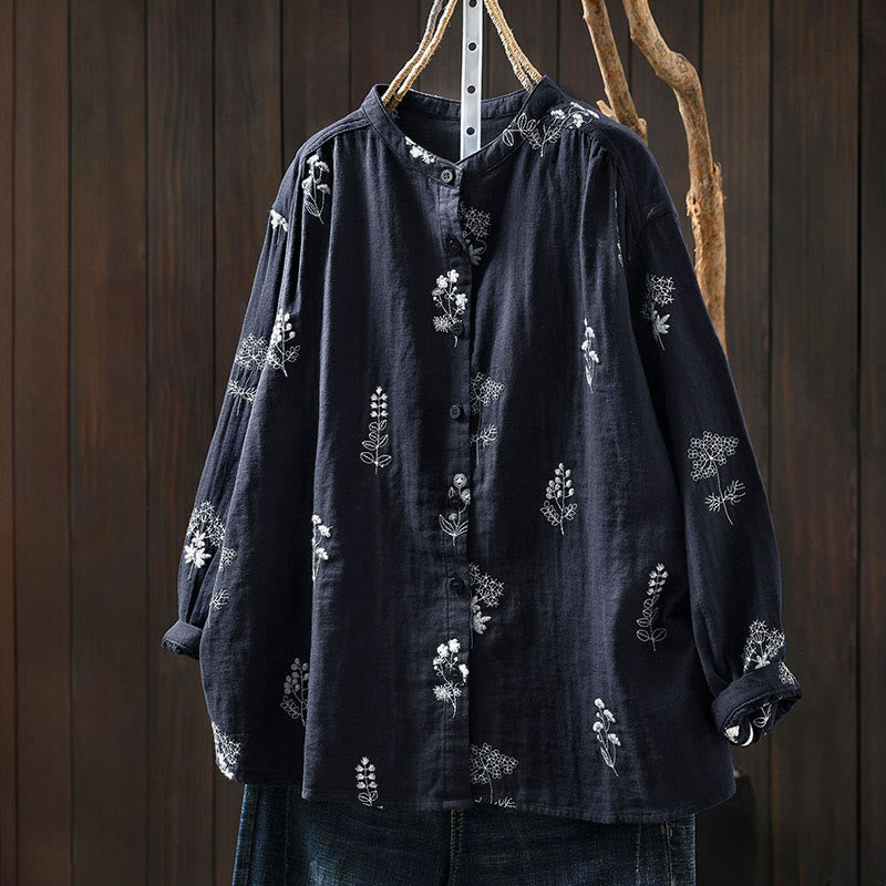 Tactile Cotton Embroidered Long-Sleeve Meditation Shirt
