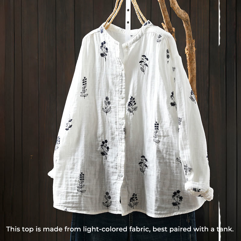Tactile Cotton Embroidered Long-Sleeve Meditation Shirt