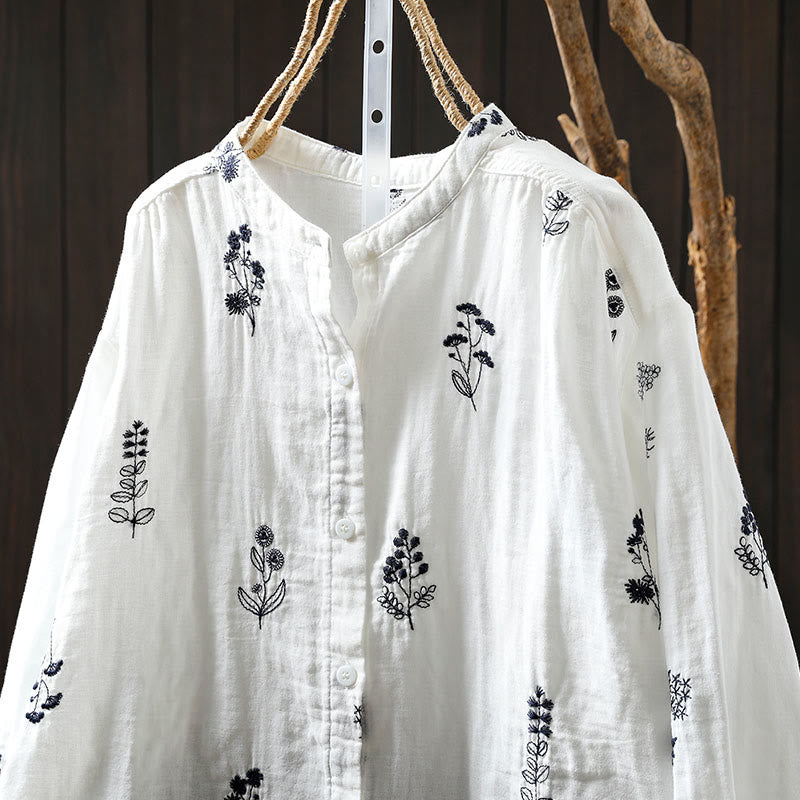 Tactile Cotton Embroidered Long-Sleeve Meditation Shirt
