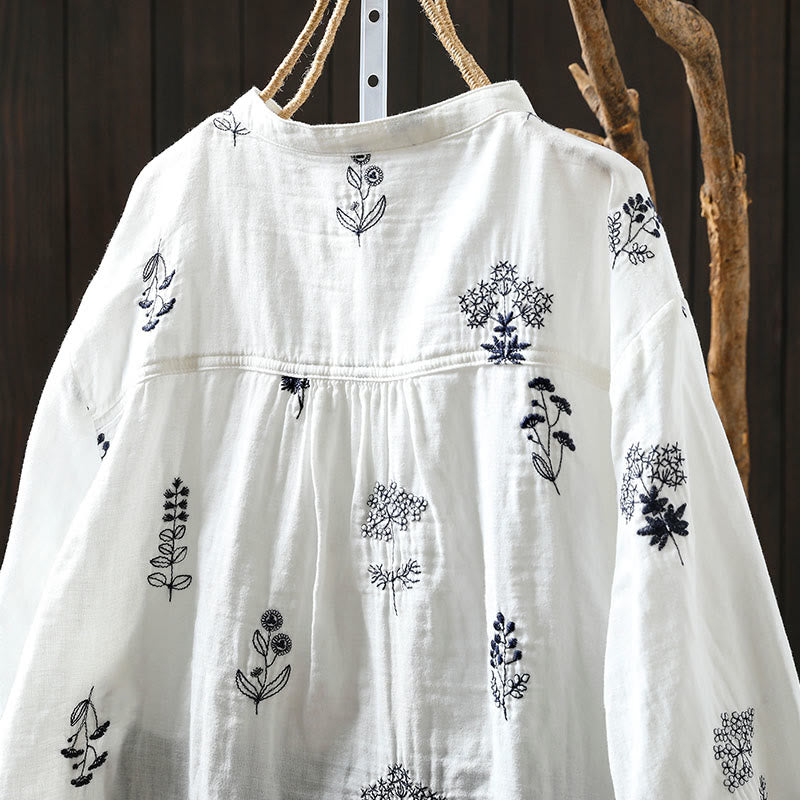 Tactile Cotton Embroidered Long-Sleeve Meditation Shirt