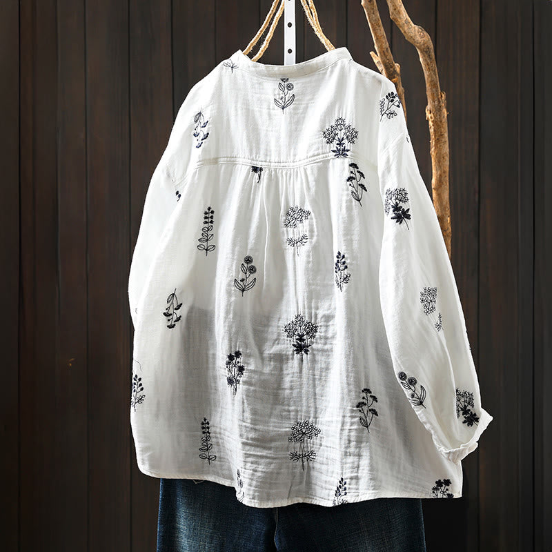 Tactile Cotton Embroidered Long-Sleeve Meditation Shirt