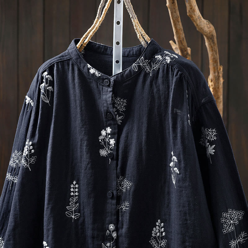 Tactile Cotton Embroidered Long-Sleeve Meditation Shirt