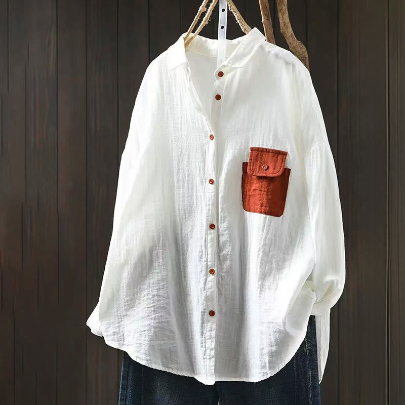 Breathable Cotton Relaxed Stand-Collar Button-Down Shirt