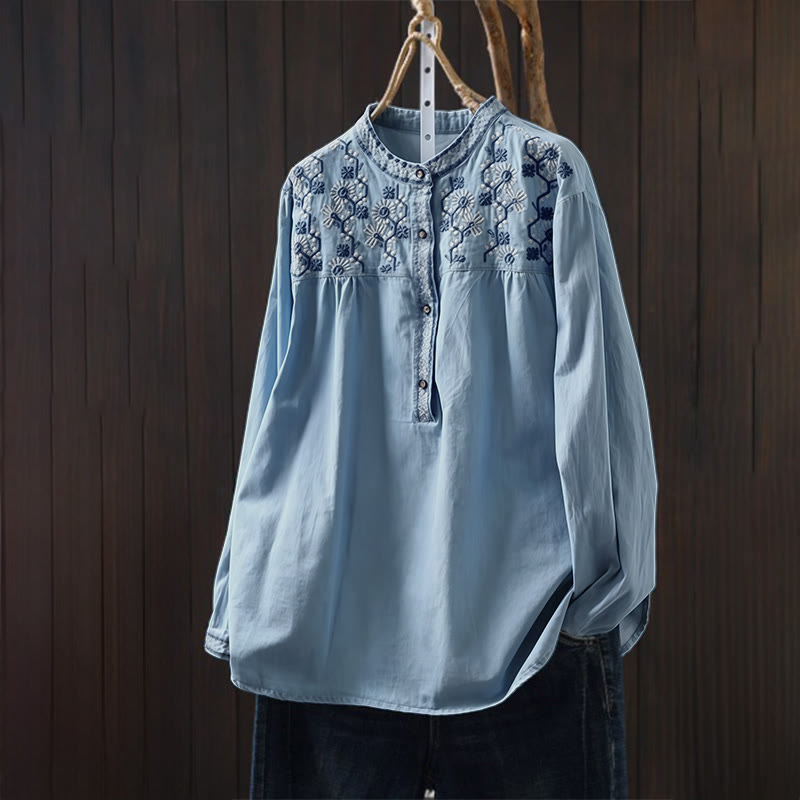 Tactile Cotton Denim Geometric Embroidered Mindful Women's Shirt