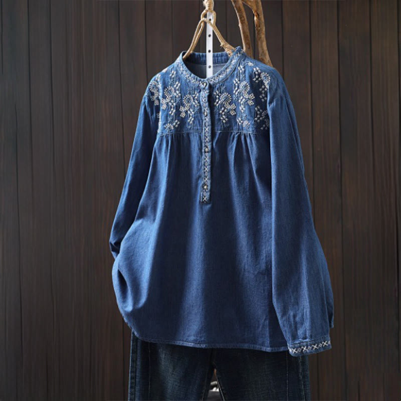 Tactile Cotton Denim Geometric Embroidered Mindful Women's Shirt