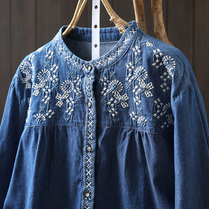Tactile Cotton Denim Geometric Embroidered Mindful Women's Shirt