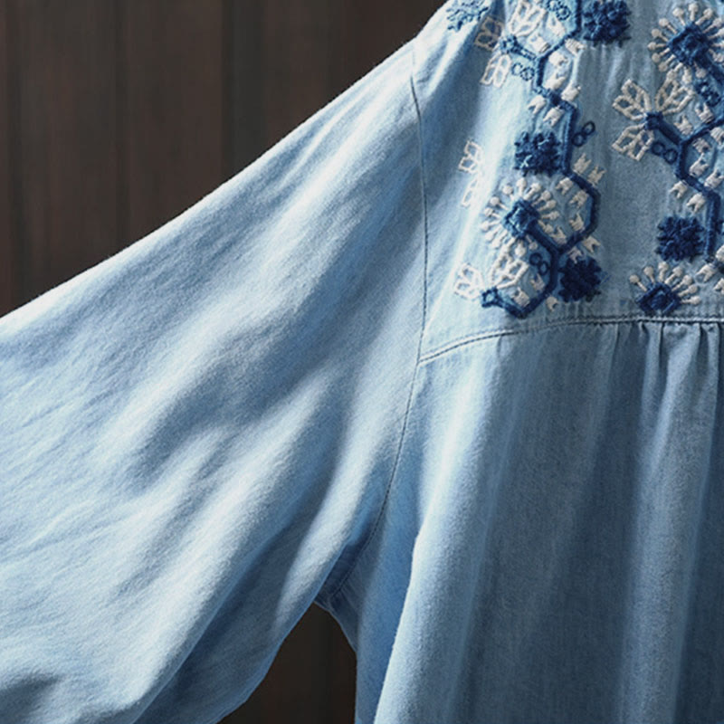 Tactile Cotton Denim Geometric Embroidered Mindful Women's Shirt