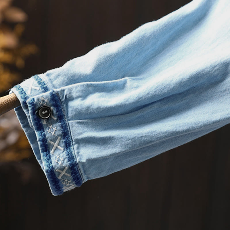 Tactile Cotton Denim Geometric Embroidered Mindful Women's Shirt