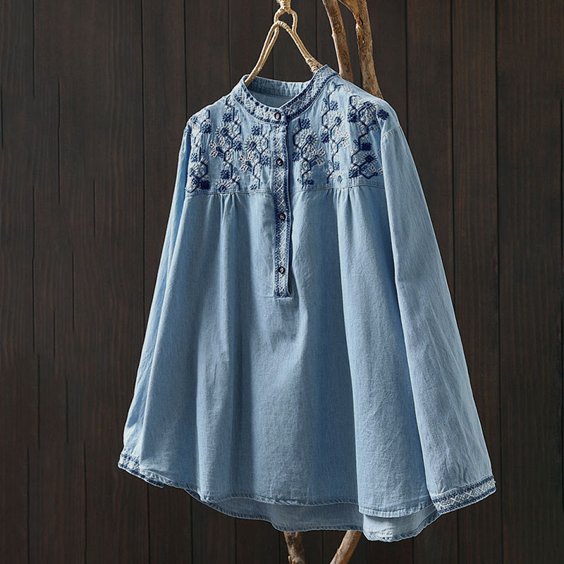 Tactile Cotton Denim Geometric Embroidered Mindful Women's Shirt