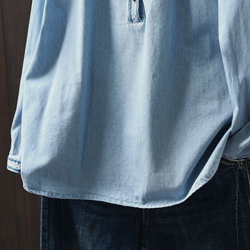 Tactile Cotton Denim Geometric Embroidered Mindful Women's Shirt