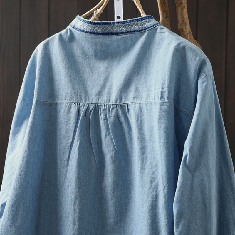 Tactile Cotton Denim Geometric Embroidered Mindful Women's Shirt