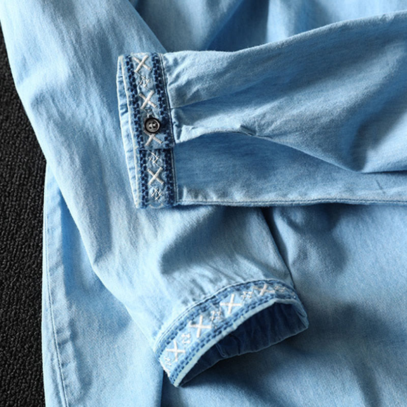 Tactile Cotton Denim Geometric Embroidered Mindful Women's Shirt