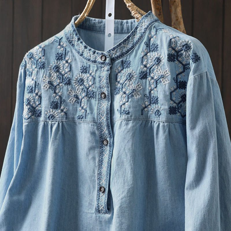 Tactile Cotton Denim Geometric Embroidered Mindful Women's Shirt