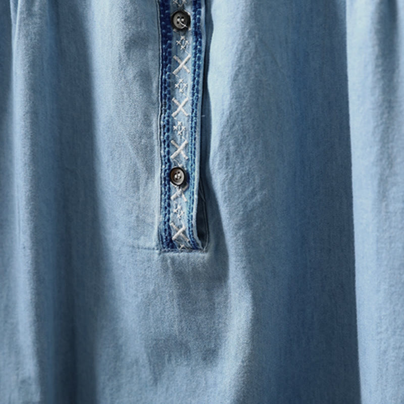 Tactile Cotton Denim Geometric Embroidered Mindful Women's Shirt