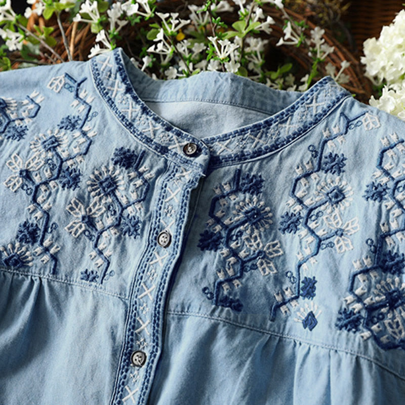 Tactile Cotton Denim Geometric Embroidered Mindful Women's Shirt