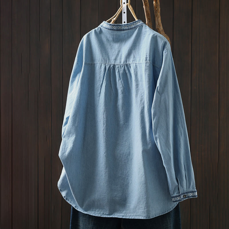 Tactile Cotton Denim Geometric Embroidered Mindful Women's Shirt