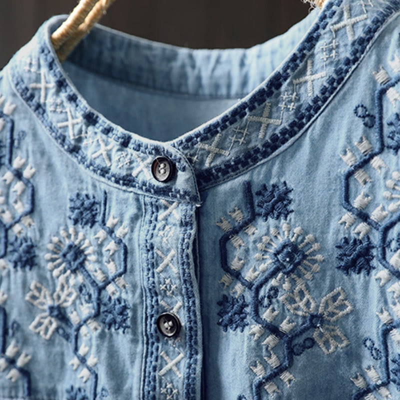 Tactile Cotton Denim Geometric Embroidered Mindful Women's Shirt
