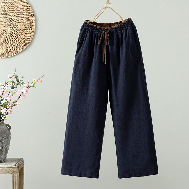 Winter Contrasting Drawstring Cotton Linen Women's Wide Leg Pants With Pockets