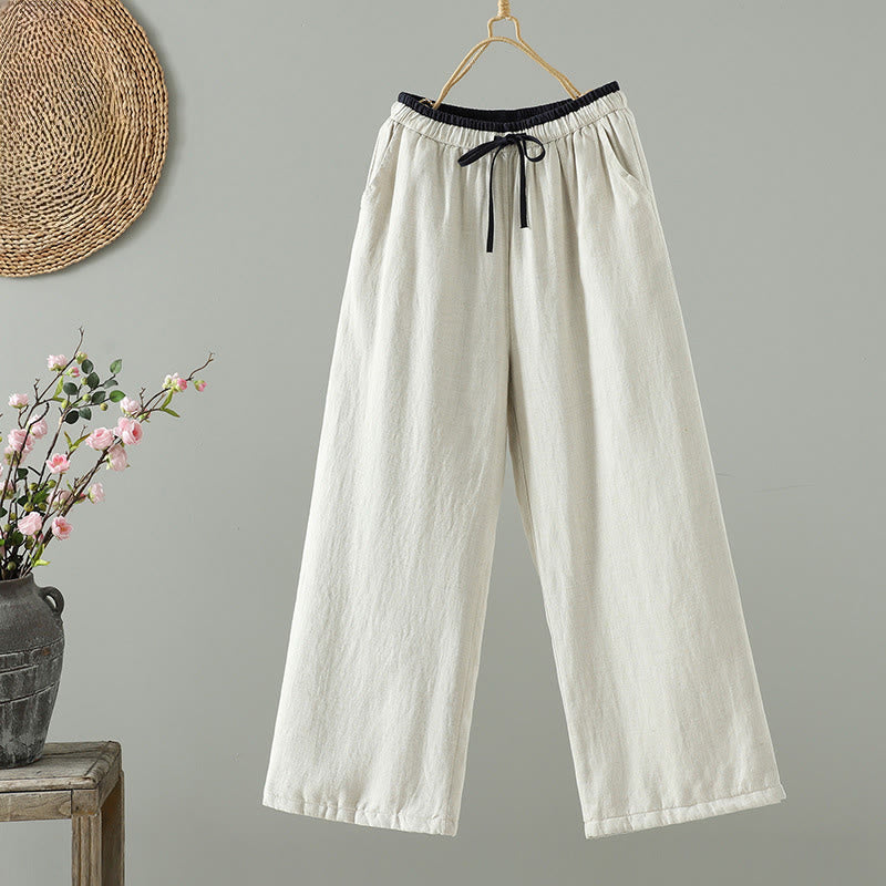 Winter Contrasting Drawstring Cotton Linen Women's Wide Leg Pants With Pockets