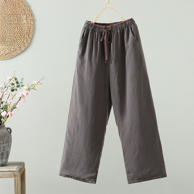Winter Contrasting Drawstring Cotton Linen Women's Wide Leg Pants With Pockets