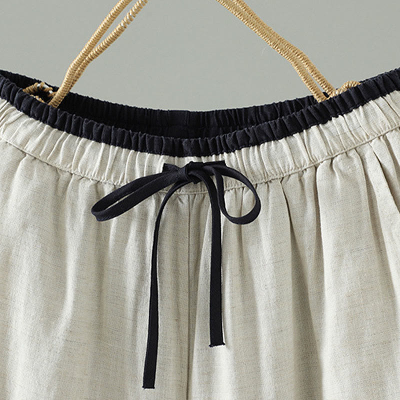 Winter Contrasting Drawstring Cotton Linen Women's Wide Leg Pants With Pockets