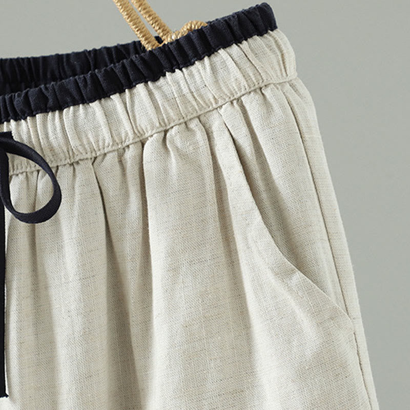 Winter Contrasting Drawstring Cotton Linen Women's Wide Leg Pants With Pockets
