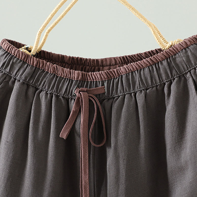 Winter Contrasting Drawstring Cotton Linen Women's Wide Leg Pants With Pockets