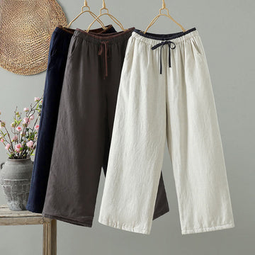 Winter Contrasting Drawstring Cotton Linen Women's Wide Leg Pants With Pockets