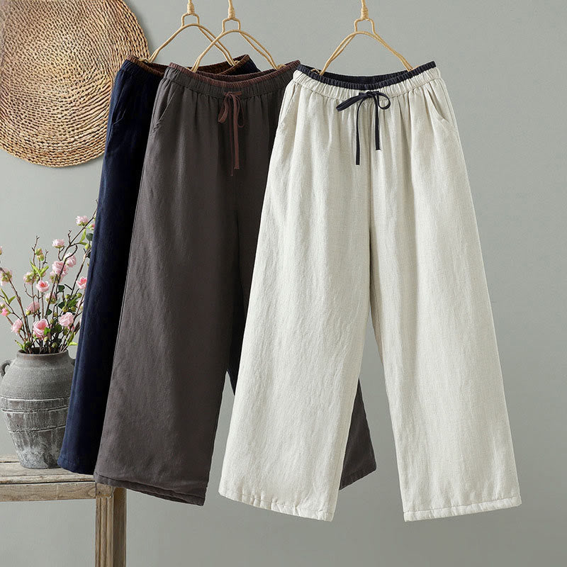Winter Contrasting Drawstring Cotton Linen Women's Wide Leg Pants With Pockets