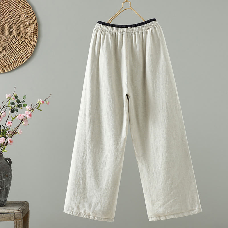 Winter Contrasting Drawstring Cotton Linen Women's Wide Leg Pants With Pockets