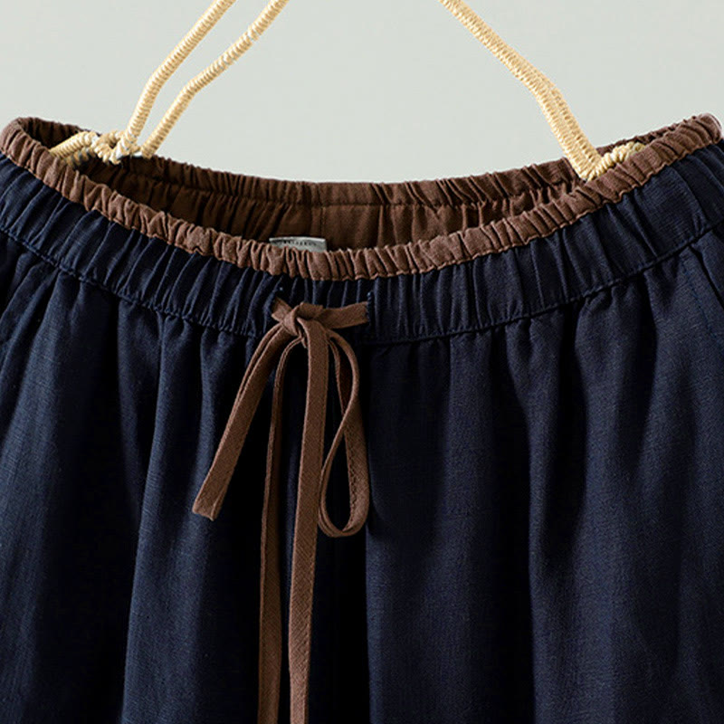 Winter Contrasting Drawstring Cotton Linen Women's Wide Leg Pants With Pockets