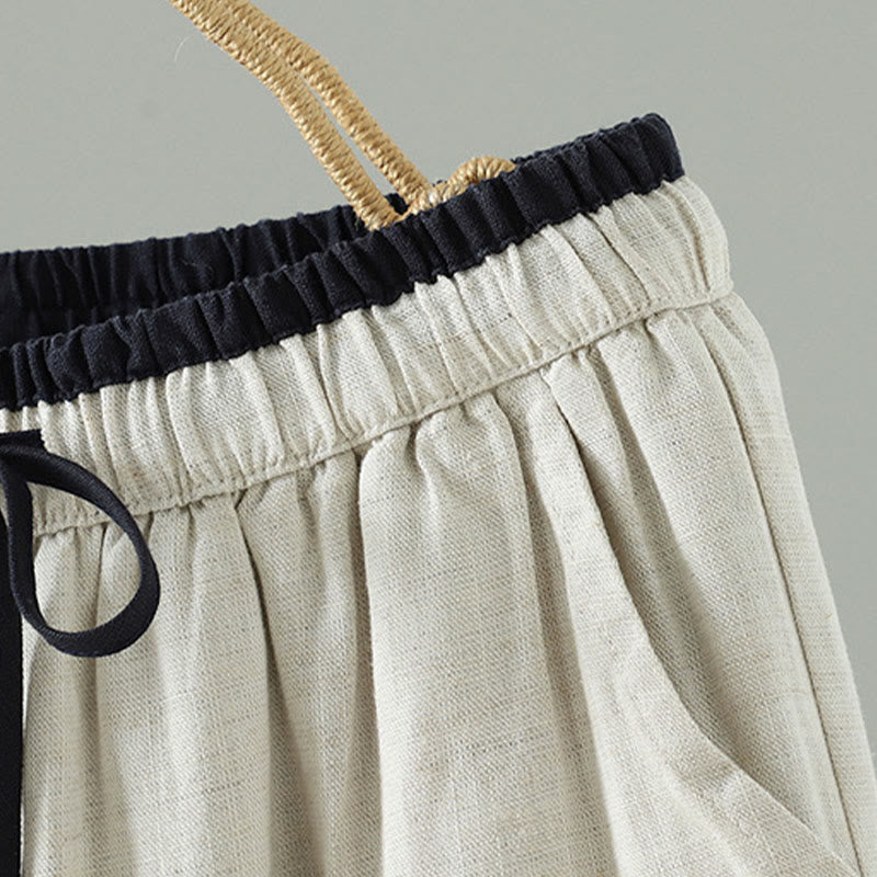 Winter Contrasting Drawstring Cotton Linen Women's Wide Leg Pants With Pockets