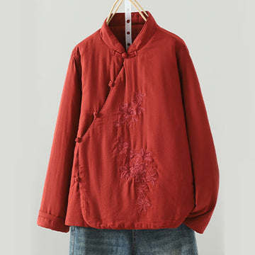 Winter Solid Flower Long Sleeve Cotton Women's Thermal Jacket