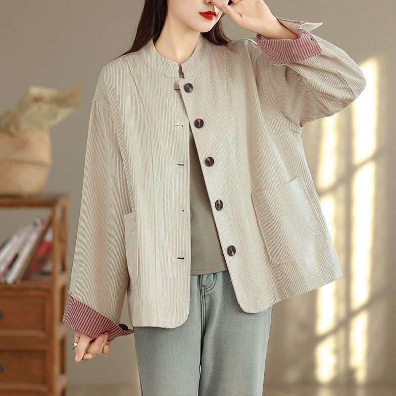 Tactile Corduroy Stand-Collar Mindful Jacket with Pockets
