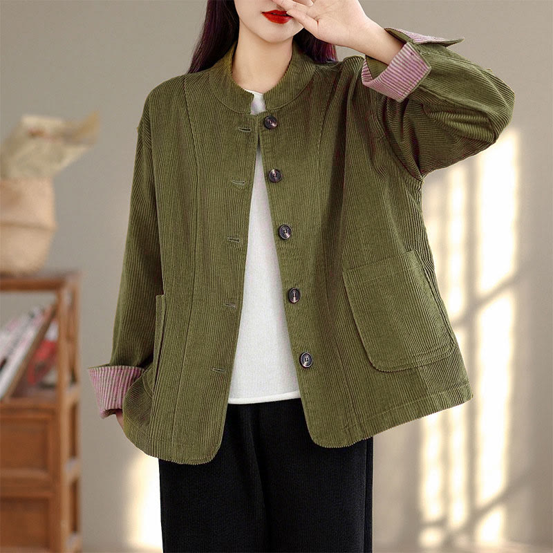 Tactile Corduroy Stand-Collar Mindful Jacket with Pockets