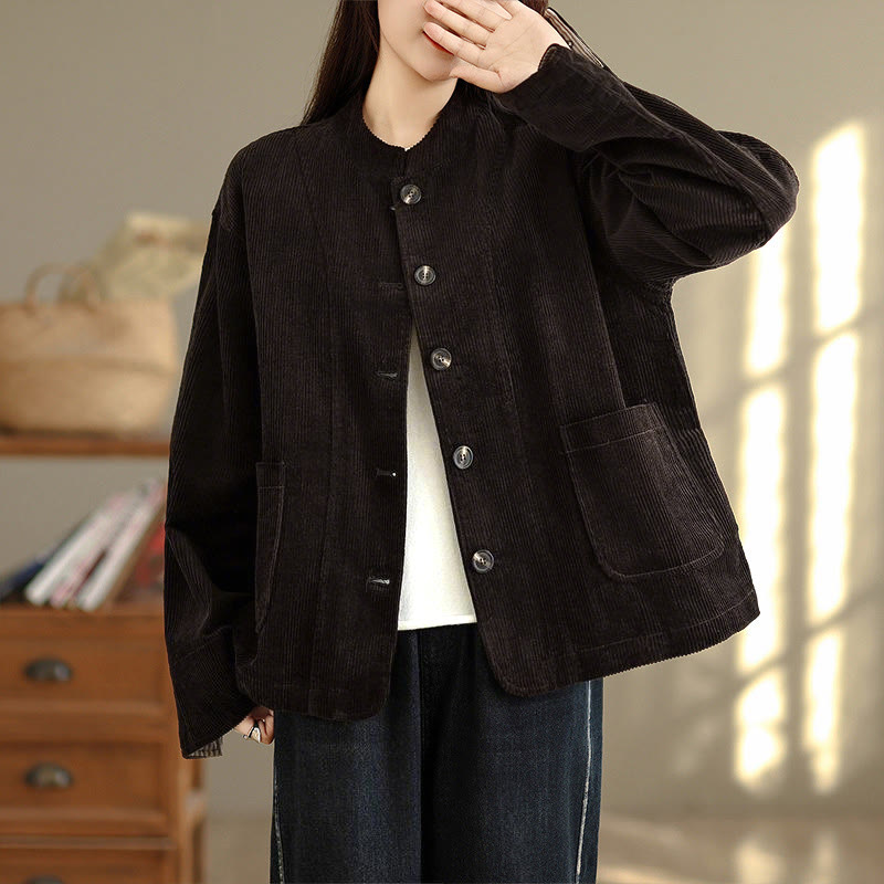 Tactile Corduroy Stand-Collar Mindful Jacket with Pockets